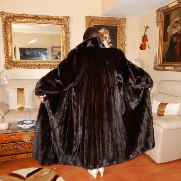 VTG.Barth Wind Genuine Dark Brown Shiny Mink Fur Coat Full Length L/XL - Picture 9 of 12